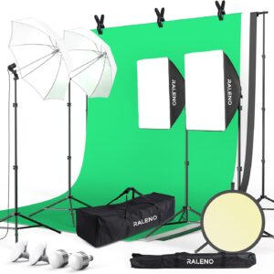 Streaming-Equipment – RALENO Photo Studio Set, 2.6 m x 3 m Background Support System Greensreen Set, Softbox Studio Lighting Set with 5500K 97 CRI, 50W and 45W LED Bulbs for Product Portrait Video Product Photography