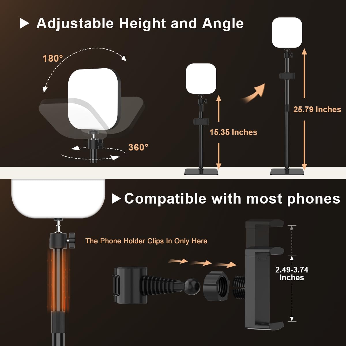 Streaming-Equipment - 180 LED Video Light with Mobile Phone Holder, Video Light with 3 Colours and 5 Brightness Levels, USB Powered Key Light for Video Conferences, Zoom Meetings, Live Streaming, Pack of 2 – Bild 5