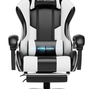 Gaming Chairs – GTPLAYER Gaming Chair Office Chair Massage Gaming Chair Ergonomic Gamer Chair with Footrest Headrest Massage Lumbar Cushion Padded Gaming Chair Swivel Chair White
