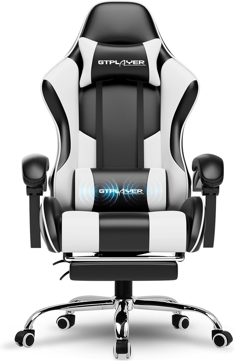 Gaming Chairs - GTPLAYER Gaming Chair Office Chair Massage Gaming Chair Ergonomic Gamer Chair with Footrest Headrest Massage Lumbar Cushion Padded Gaming Chair Swivel Chair White