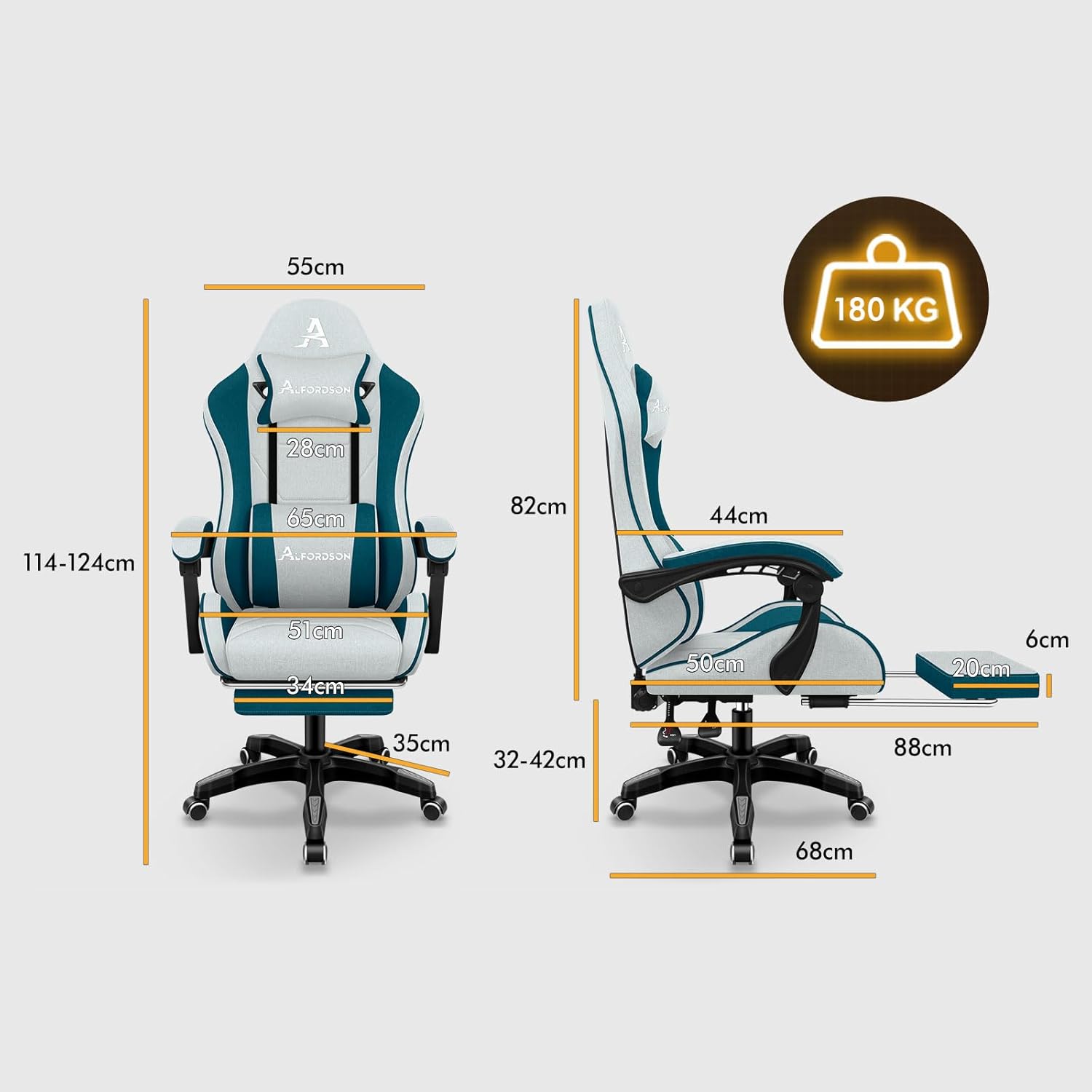 Gaming Chairs - ALFORDSON Office Chair, Gaming Chair, Massage, Ergonomic Gamer Chair with Footrest, Headrest, Massage Lumbar Cushion, Padded, Swivel Chair Made of Linen Fabric, Dark Teal – Bild 2