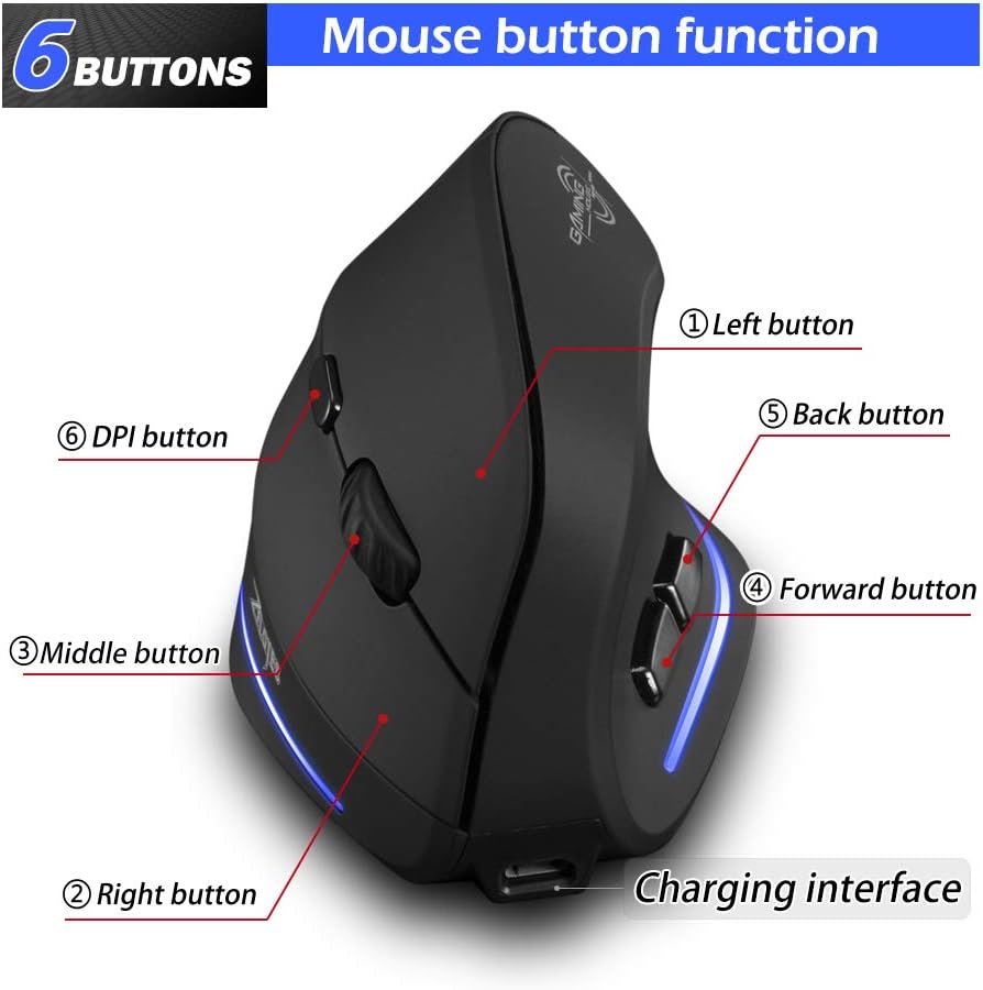 Gaming Tastatur & Maus - zelotes Wireless Rechargeable Mouse, 2400 DPI, 6 Buttons Vertical Wireless Mouse with USB Receiver, USB Ergonomic Wireless Mouse, Wireless Mouse for Laptop, PC, Mac – Bild 4