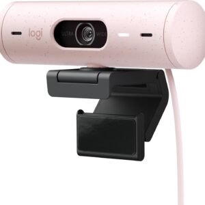 Webcam – Logitech Brio 500 Full HD Webcam with Auto Light Correction, Point Mode, Dual Microphone + Noise Cancellation Webcam Cover for Microsoft Teams, Google Meet, Zoom, USB-C Cable – Pink