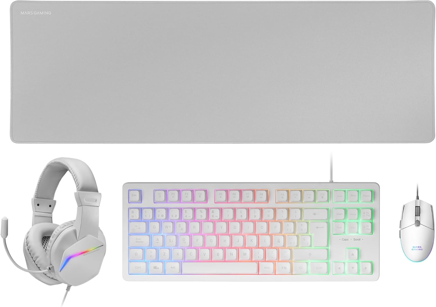 Gaming Tastatur & Maus - Mars Gaming MCP-RGB3 Gaming Pack Keyboard Fixed RGB + Gaming Mouse RGB Flow 3200 DPI + Over-Ear RGB Headphones + XXL Mat, White, Spanish Language