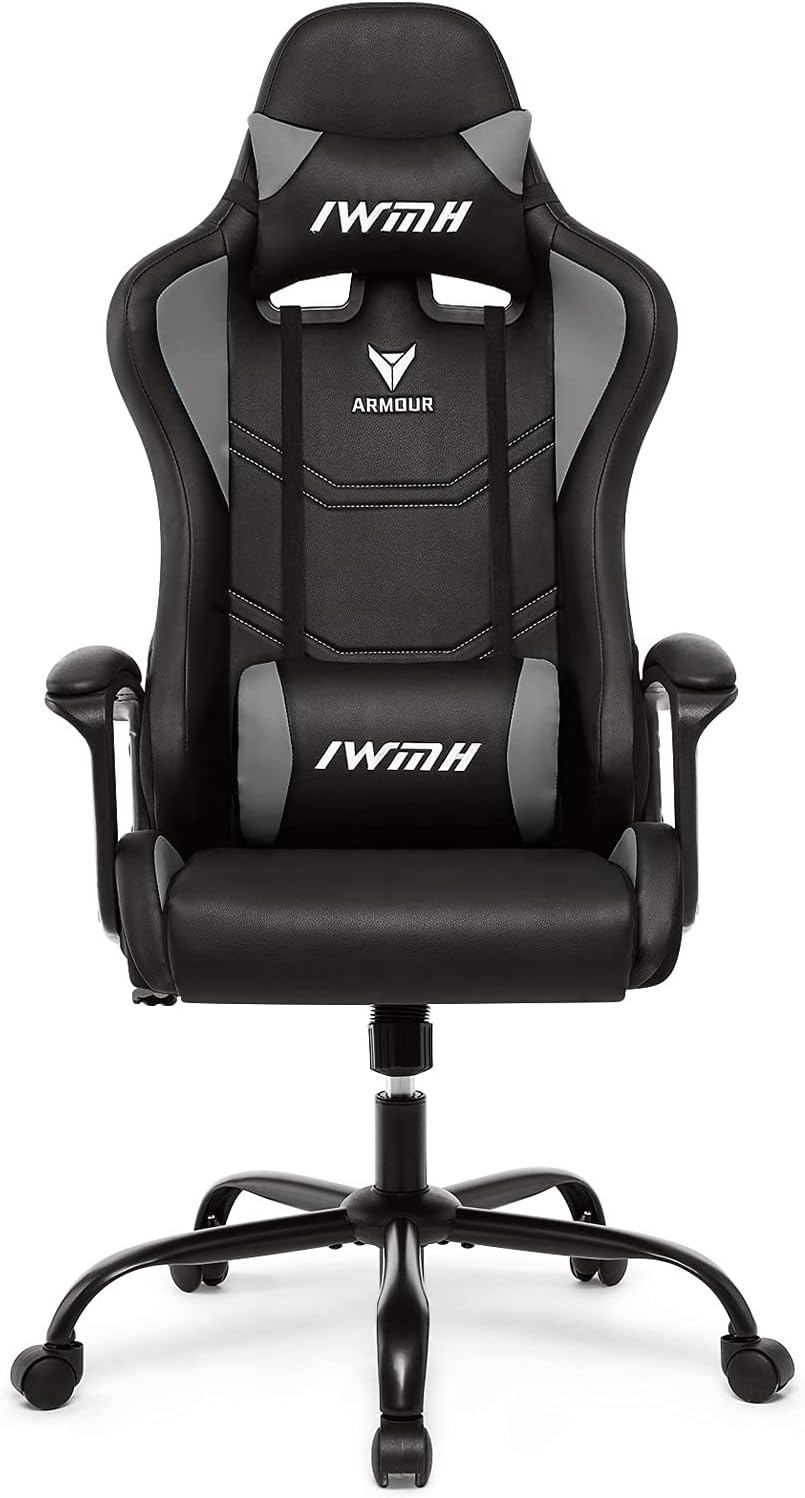 Gaming Chairs - IWMH Gaming Chair, Ergonomic Computer Chair with High Backrest, Height-Adjustable Swivel Chair, Racing Chair with Armrests, Adjustable Headrest and Lumbar Support (Grey) – Bild 8