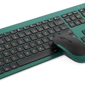 Gaming Tastatur & Maus – seenda SK38-3 Wireless Keyboard Mouse Set, Ultra Thin Rechargeable Wireless Keyboard Mouse Set, Ergonomic Keyboard Wireless with Silicone Dust Cover for PC/Laptop/TV, DE QWERTZ Layout, Black & Green
