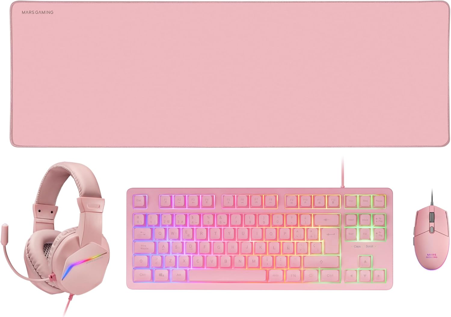 Gaming Tastatur & Maus - MARSGAMING MCP-RGB3 Pack Gaming Keyboard Fixed RGB + Gaming Mouse RGB Flow 3200 DPI + Headset Over-Ear RGB + XXL Mousepad, Pink, Spanish Language