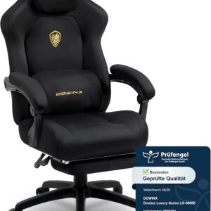 Gaming Chairs – Dowinx Ergonomic Gaming Chair with Massage Lumbar Cushion, Height-Adjustable Headrest, Thickened Seat Padding, Extendable Footrest, Adjustable Armrests, Microfibre Velour, 160° Tilt, Black
