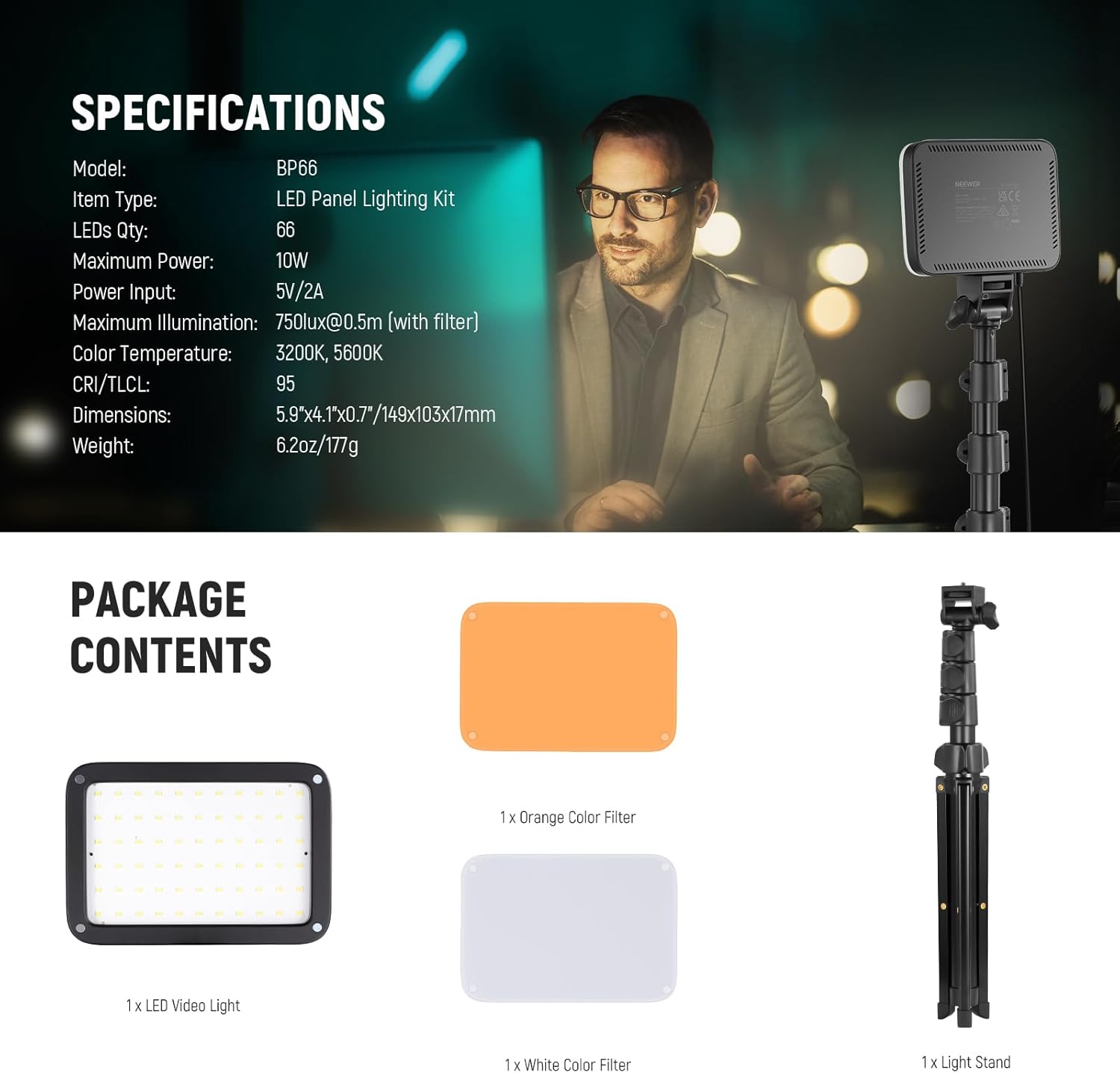 Streaming-Equipment - NEEWER BASICS BP66 LED Video Light Panel Lighting Set Two-Tone Dimmable Portable Studio Lights with Tripod and Filters 3200K ~ 5600K CRI 95 750Lux for Photography Video Recording – Bild 8
