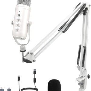 Streaming-Equipment – zealsound USB Microphone Kit, k66 Pearl White Gamging Microphone for PC/Mac/Phone/iPhone/PS5 with Noise Cancelling & Mute White Boom Arm for Recording Podcast Discord Youtuber Voice Over