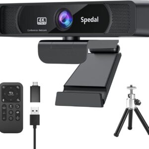 Webcam – Spedal 4K Webcam – 8 MP Ultra HD with 4 x Digital Zoom & 120° Wide Angle, Dual Noise Cancelling Microphones, Remote Control & Tripod, Plug & Play (USB-A/C) for Zoom, Skype, Teams & Streaming