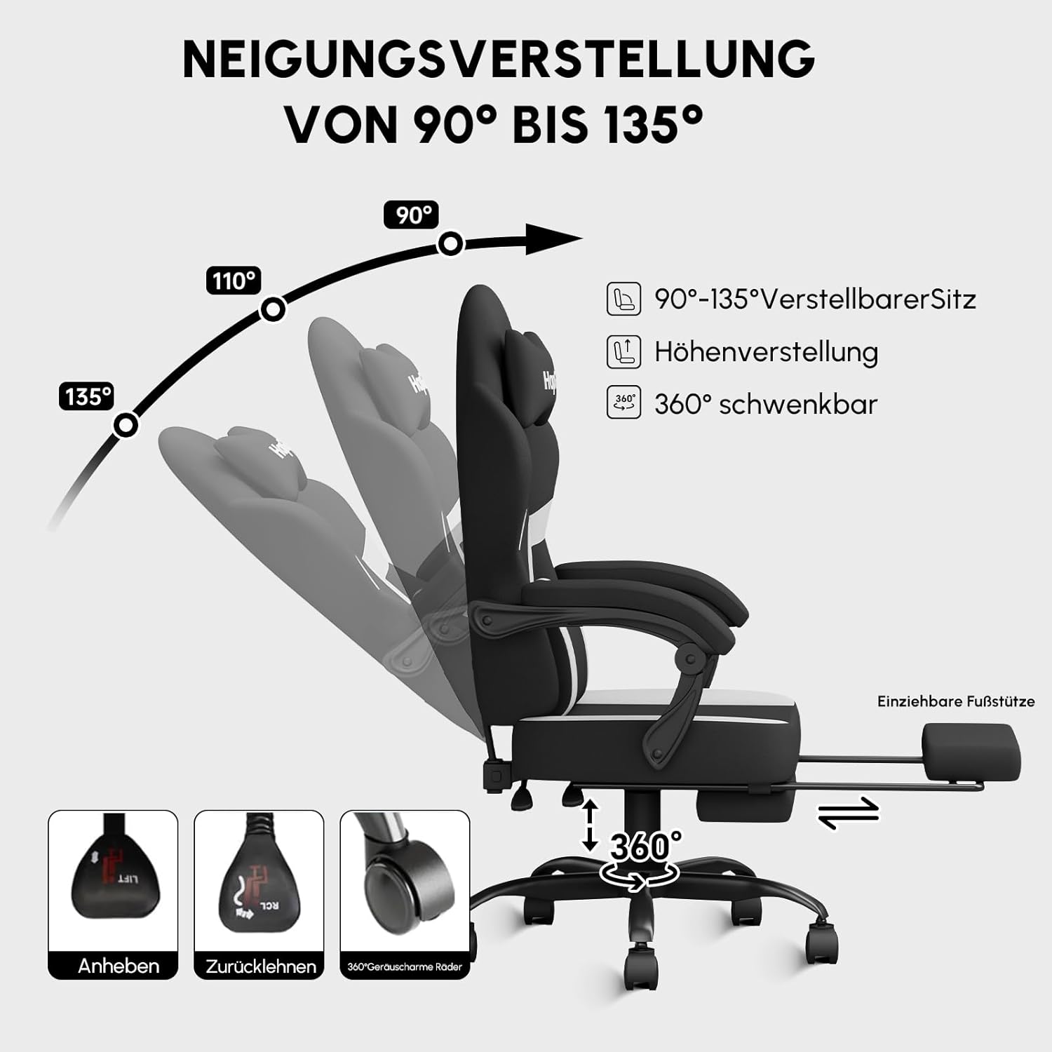 Gaming Chairs - HapGIFT Gaming Chair, Gamer Chair with Massage Function, Gaming Chair with Footrest, PC Chair with Adjustable Backrest, Technical Fabric Computer Office Chair for Teenagers, 150 kg, Black White – Bild 6