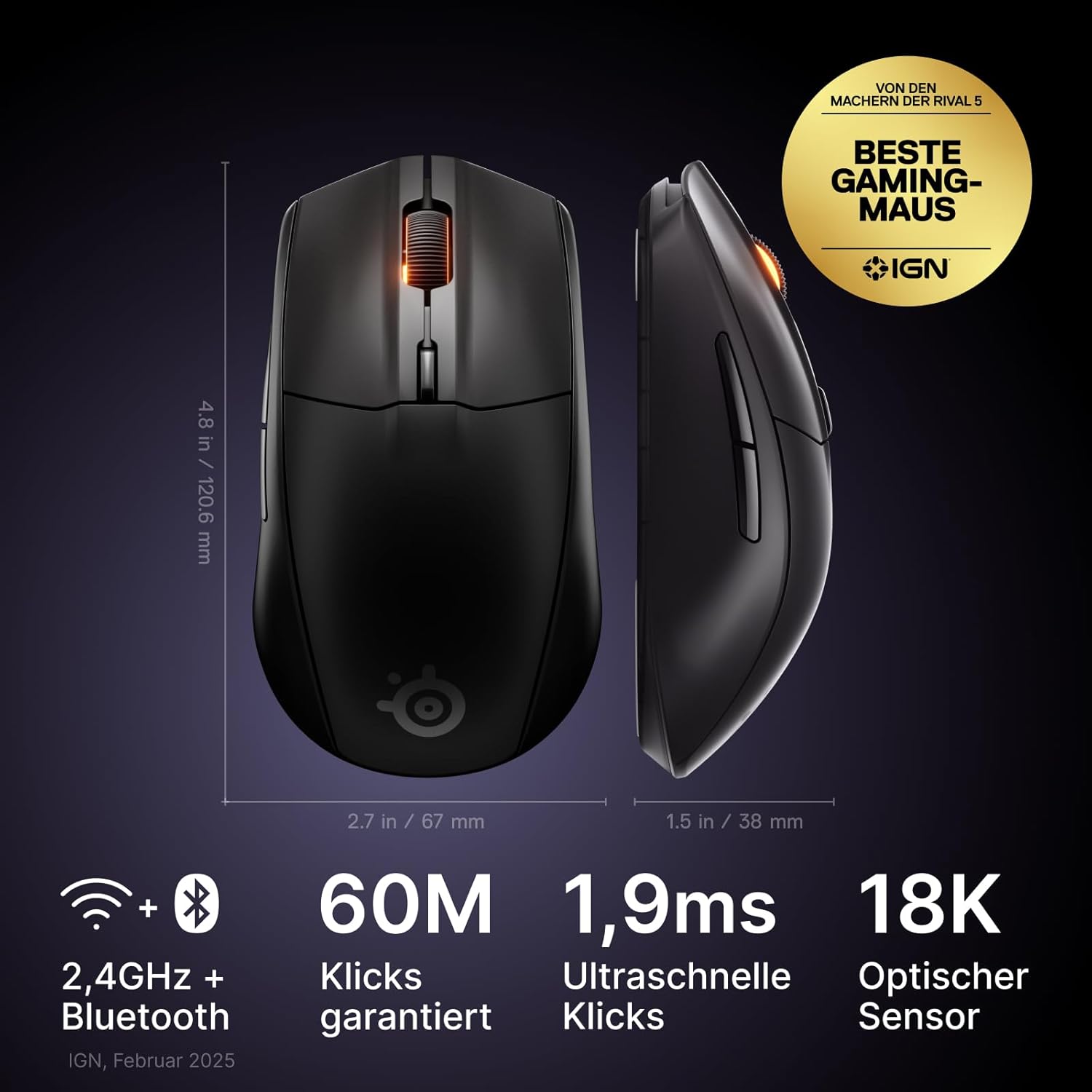 Gaming Tastatur & Maus - SteelSeries Rival 3 Wireless Gen 2 Gaming Mouse - 2.4GHz and Bluetooth - 18,000 DPI TrueMove Air Optical Sensor - 60 Million Clicks Guaranteed - Ultralight - PTFE Gliding Feet - Black – Bild 2