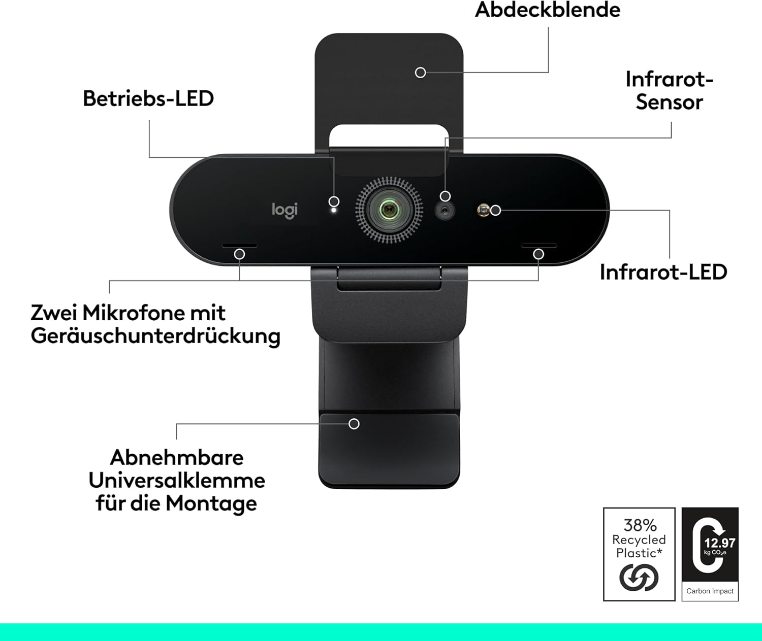 Webcam - Logitech Brio 4K Webcam, Video Calling, Noise Cancelling Microphone, Automatic HD Exposure Compensation, Microsoft Teams, Zoom, Google Voice, Google Meet, PC/Mac/Notebook/Macbook - Graphite – Bild 6