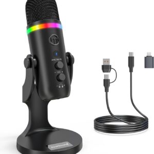 Streaming-Equipment – zealsound USB Microphone for PC iPhone, Plug & Play RGB Podcast Microphone with Noise Reduction & Mute Switch for Gaming Streaming Twitch YouTube Discord to PS5 Mac, with USB-C & Lightning Adapter