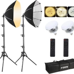 Streaming-Equipment – FGen Softbox, 2 x 85 W 2700-6400 K Photo Studio Set, 2 x 50 cm Octogen Softboxes with 1.5 m Fully Adjustable Light Stands for Portrait Photography, Live Streaming, YouTube Video Photography