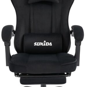 Gaming Chairs – SUKIDA Gaming Chair Fabric, Ergonomic Gaming Chair with Footrest, Adjustable Racing Computer Chair with Lumbar Support, Black Ergonomic PC Chair