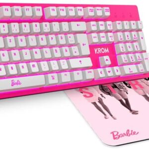 Gaming Tastatur & Maus – KROM Barbie Edition KANDY Keyboard Mouse Mat Kit White LED Membrane Keyboard Mouse Optical Sensor 6400 DPI Mouse Mat with Rubber Base German Layout Pink
