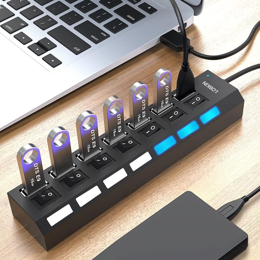 Streaming-Equipment - LOBKIN USB Hub 7-Port Portable USB 2.0 Hub with Single LED Power Switches for Laptop, PC, MacBook and Other USB Devices – Bild 3