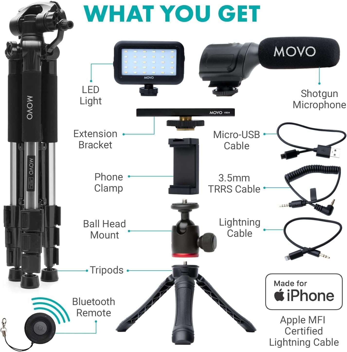 Streaming-Equipment - Movo iVlogger iPhone,Android Compatible Vlogging Kit with Full Size Tripod - Mobile Phone Video Kit Accessories: Tripods, Phone Holder, Video, Vlogging Recording – Bild 3