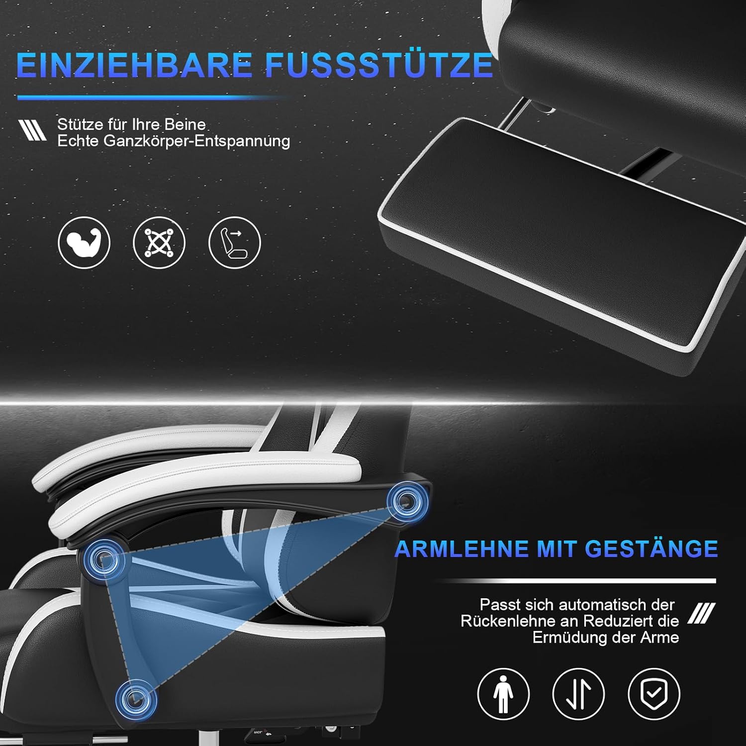 Gaming Chairs - JUMMICO Gaming Chair Massage, Office Chair Ergonomic with Massage Lumbar Cushion, Gamer Chair Adjustable Backrest 90-135° and Footrest, Gaming Chair 150 kg Load Capacity, White – Bild 7