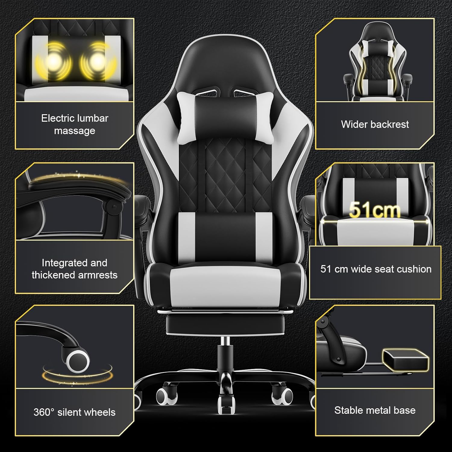 Gaming Chairs - JUMMICO Gaming Chair, Desk Chair with Massage Function, Office Chair Ergonomic with Footrest, 150 kg, White – Bild 9