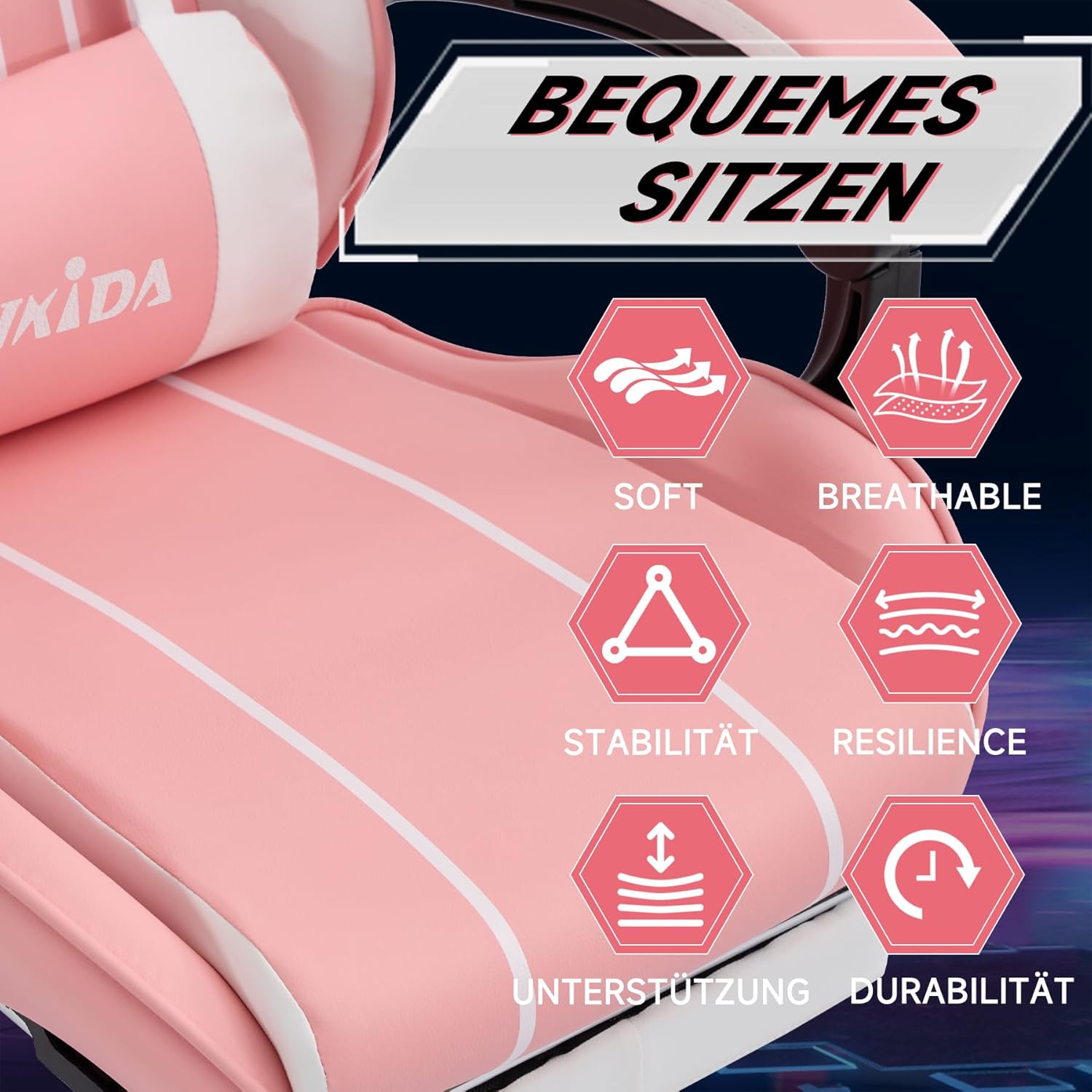 Gaming Chairs - SUKIDA Gaming Chair Computer Chair Ergonomic Gaming Chair with Footrest Office Chair Ergonomic Computer Chair with Lumbar Support Pink White – Bild 4