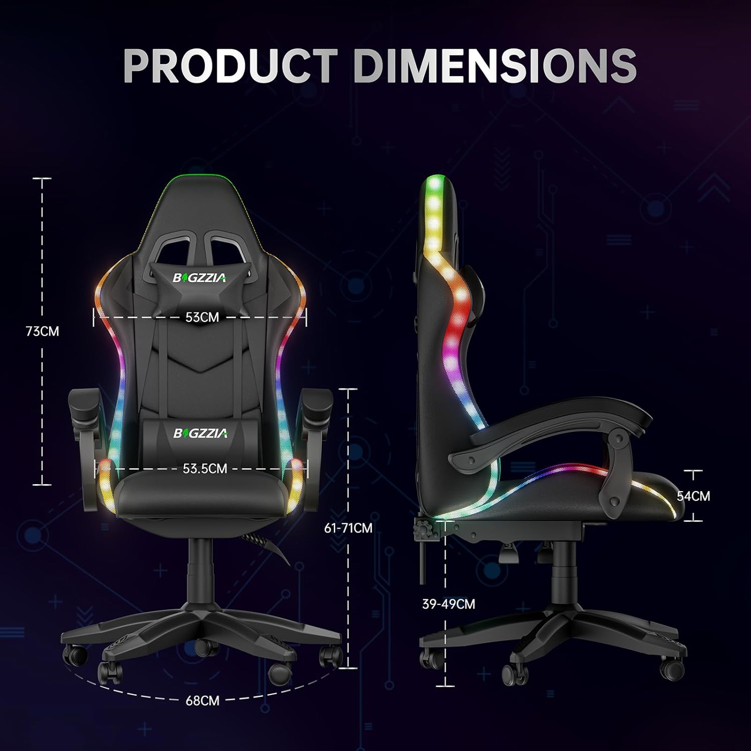 Gaming Chairs - Gaming Chair with LED Lights, Ergonomic Recliner Chair with RGB Lights, Adjustable Headrest and Lumbar Support, PU Leather Computer Office Chair, Height and Tilt Adjustable (Black) – Bild 2