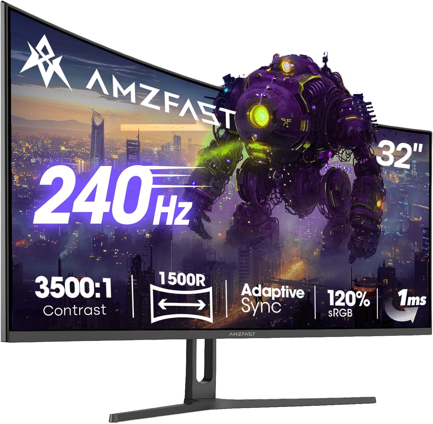 Gaming PC & Gaming Monitors - Amzfast 32 Inch Curved Gaming Monitor (240Hz, 1920x1080, 1ms MPRT, 1500R), Adaptive Sync, 90% DCI-P3, 120% sRGB, 300cd/m², HDMI 2.0 & DisplayPort 1.4 (AMZG32C3F)