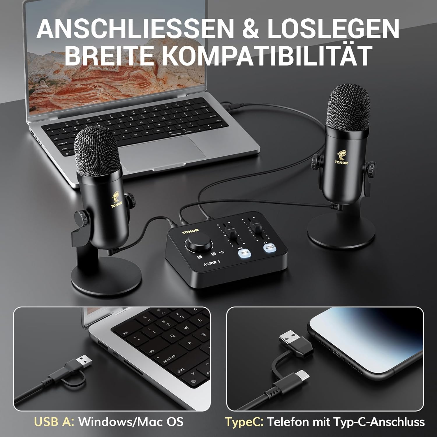 Streaming-Equipment - TONOR Podcast Microphone Set with Audio Interface, ASMR Microphone, 2 Condenser Microphones, Audio Mixer, Volume Control, 3D Stereo Sound, with Fur Wind Protection, USB Microphone for PC/Mobile Phone, Black – Bild 2