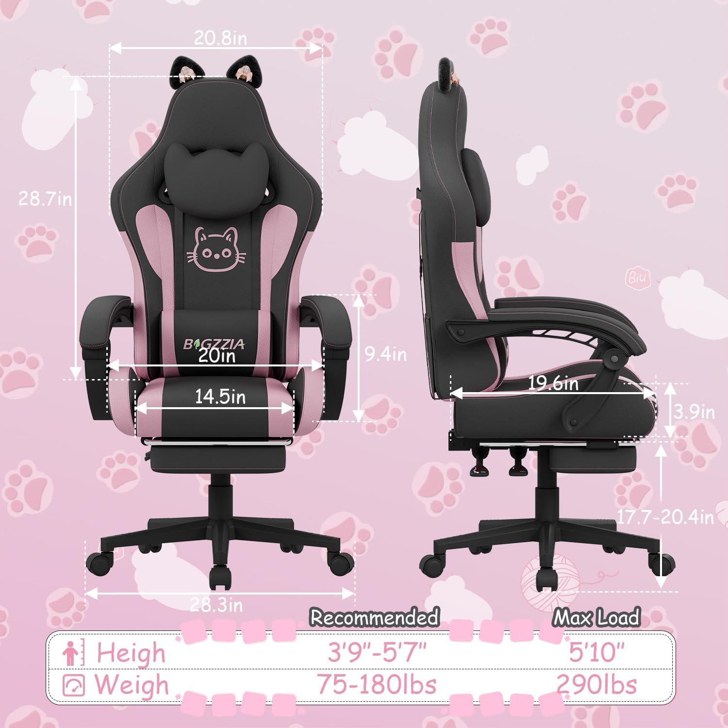 Gaming Chairs - bigzzia Gaming Chair with Massage Function and Footrest - Ergonomic Gaming Chair for Girls & Adults, Gamer Chair Head & Lumbar Support with Cat Ears (Black/Pink) – Bild 2