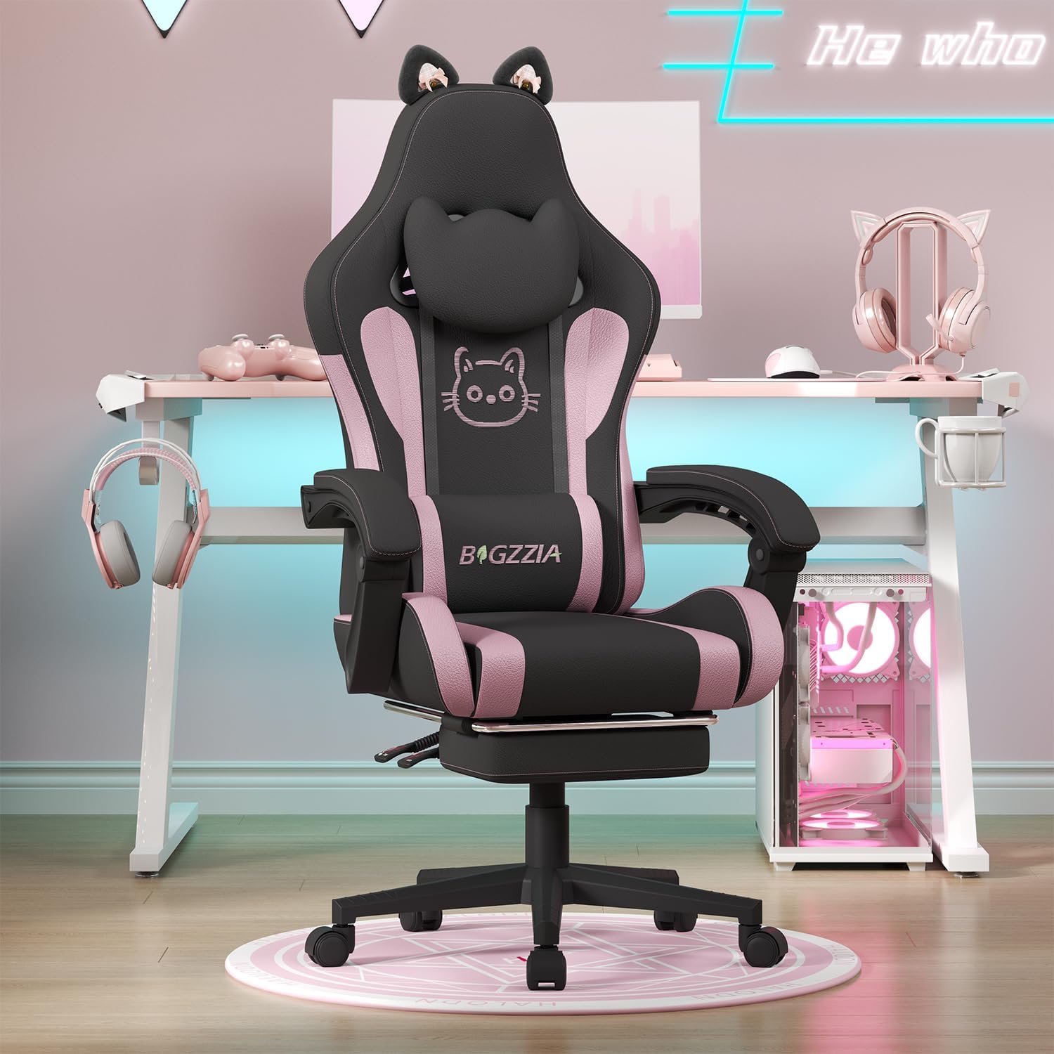 Gaming Chairs - bigzzia Gaming Chair with Massage Function and Footrest - Ergonomic Gaming Chair for Girls & Adults, Gamer Chair Head & Lumbar Support with Cat Ears (Black/Pink) – Bild 3