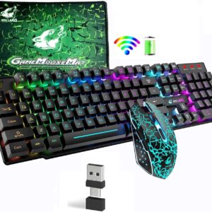 Gaming Tastatur & Maus – Rainbow Backlit Wireless Keyboard 2.4G Rechargeable Mechanical Feel 104 Keys Gaming Keyboard + 2400DPI 6 Keys Optical Rainbow LED Gaming Mouse + Mouse Pads