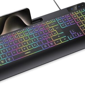 Gaming Tastatur & Maus – seenda KOE200 Wired Keyboard Illuminated Ergonomic Keyboard with Mobile Phone Holder and Wrist Rest for PC/Tablet/Smart Phone/Windows/Mac, USB & Type C Cable, Quiet Click – QWERTZ Layout