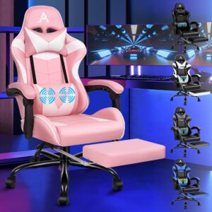 Gaming Chairs – ALFORDSON Video Game Chair, Ergonomic Office Chair, Massage Racing Chair, Retractable Footrest, PU Leather, Height Adjustable and Tilt, 180kg Load Capacity, Pink