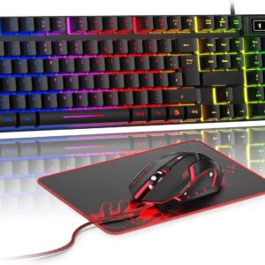 Gaming Tastatur & Maus – Gaming Keyboard and Mouse Set, QWERTZ DE Layout, RGB Backlit Wired Keyboard, Ergonomic 4-Colour LED Gaming Mouse, Large Mouse Mat, USB Plug & Play for PC PS4 Xbox