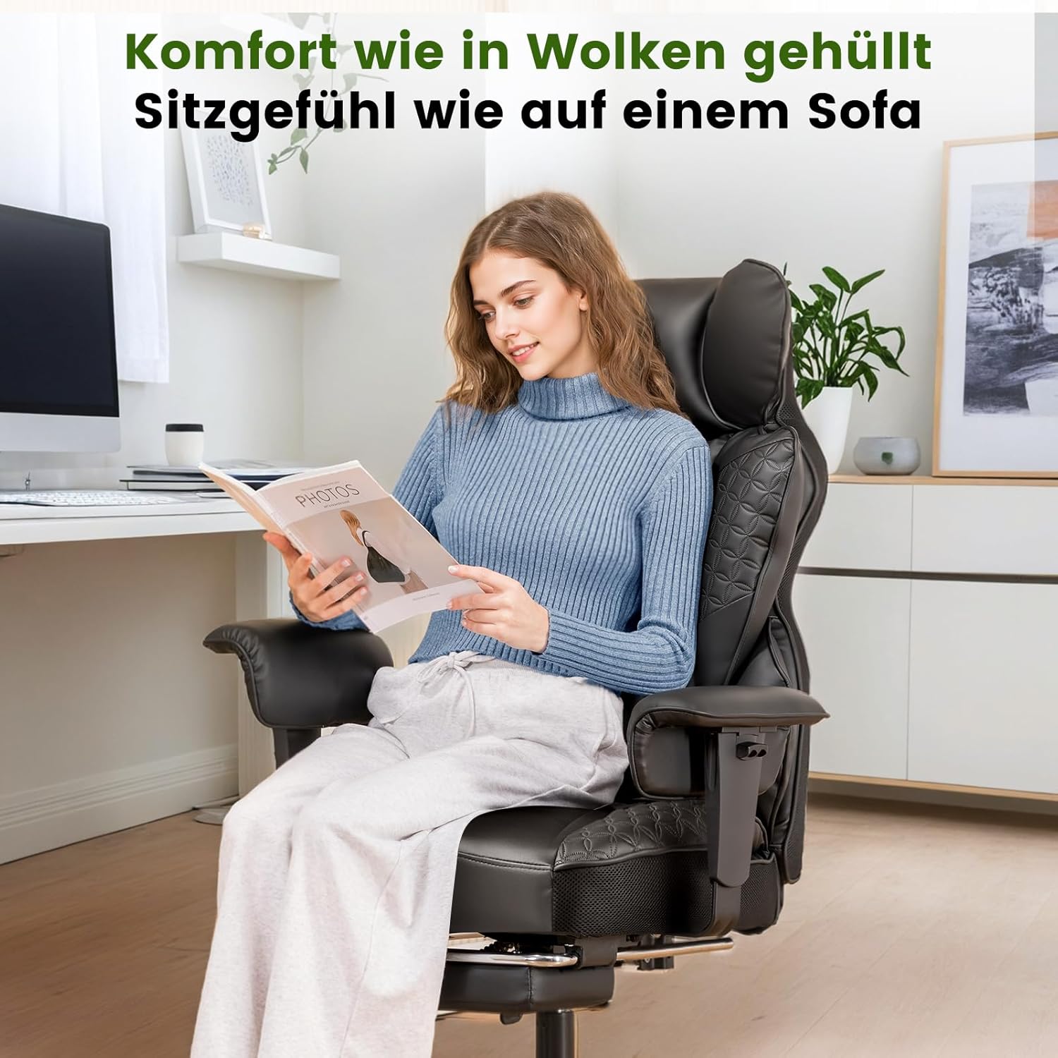 Gaming Chairs - COMHOMA Gaming Chair, Ergonomic Office Chair, Desk Chair with Adjustable Armrests, Pocket Spring Lumbar Support for Large and Tall People, 150 kg, Wide Seat, Jet Black – Bild 8