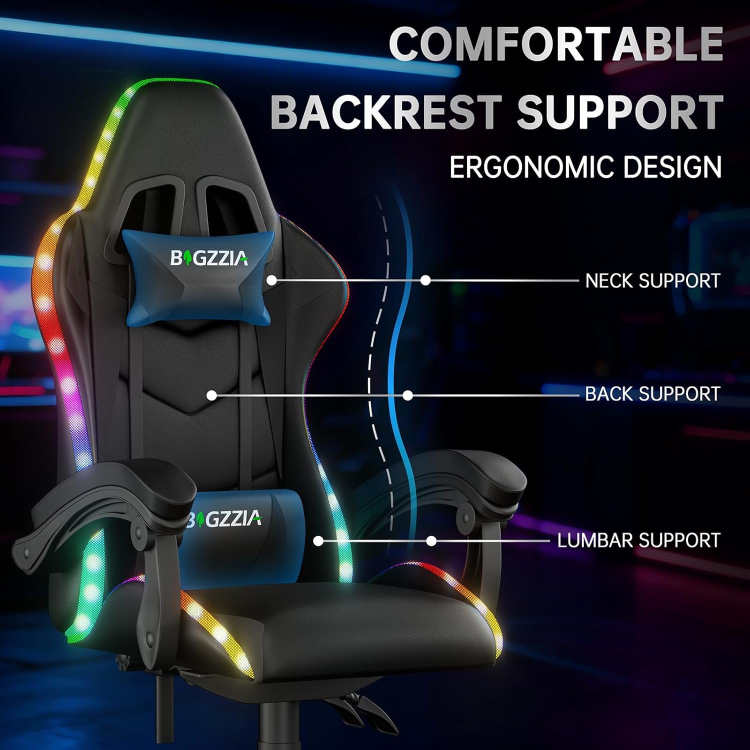 Gaming Chairs - Gaming Chair with LED Lights, Ergonomic Recliner Chair with RGB Lights, Adjustable Headrest and Lumbar Support, PU Leather Computer Office Chair, Height and Tilt Adjustable (Black) – Bild 6