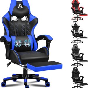 Gaming Chairs – ALFORDSON Comfortable Gaming Office Chair, Integrated Footrest, Lumbar Cushion, 150° Tilt Adjustment, Leather Seat with High Back, Blue