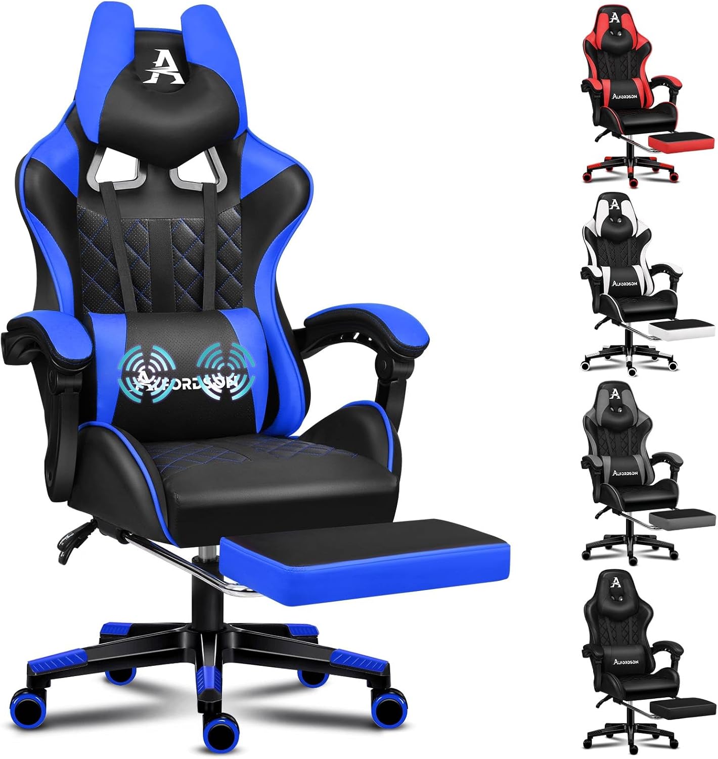 Gaming Chairs - ALFORDSON Comfortable Gaming Office Chair, Integrated Footrest, Lumbar Cushion, 150° Tilt Adjustment, Leather Seat with High Back, Blue