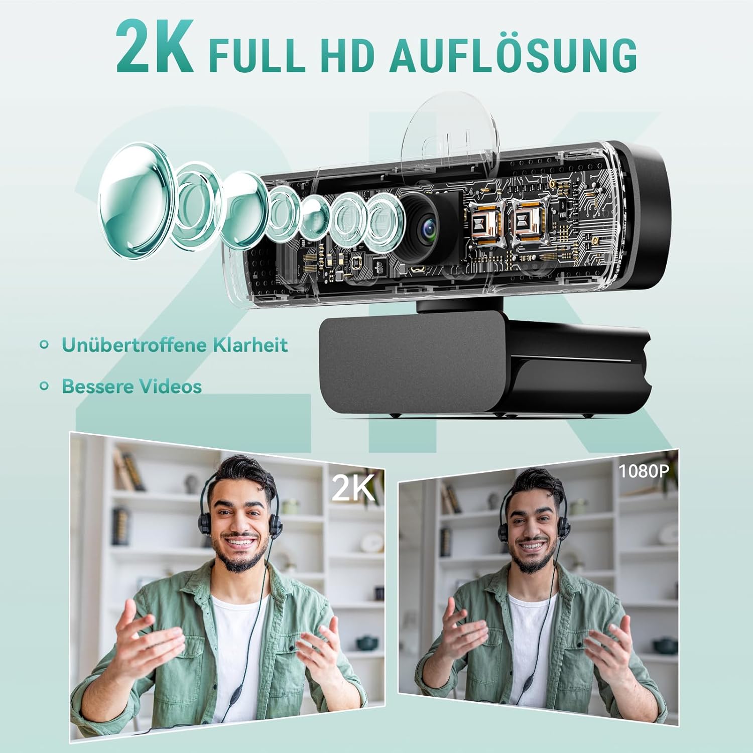 Streaming-Equipment - 2K Full HD Webcam with Lens Cover 30fps, 85° Wide Angle, USB, Dual Microphone, Fixed Focus, Exposure Compensation, Noise Reduction, Compatible with Windows, Mac OS, Linux and More – Bild 2