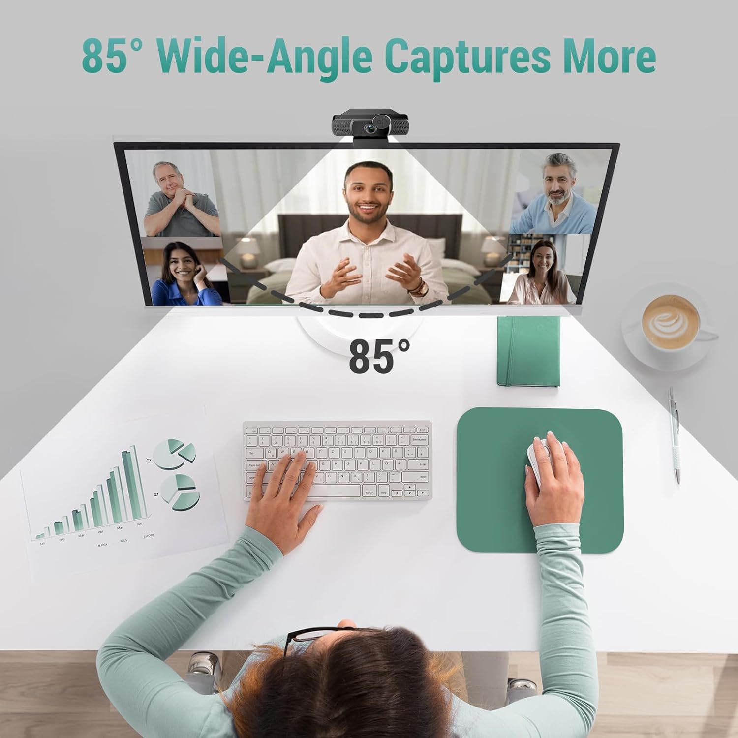 Streaming-Equipment - 2K Full HD Webcam with Lens Cover 30fps, 85° Wide Angle, USB, Dual Microphone, Fixed Focus, Exposure Compensation, Noise Reduction, Compatible with Windows, Mac OS, Linux and More – Bild 6