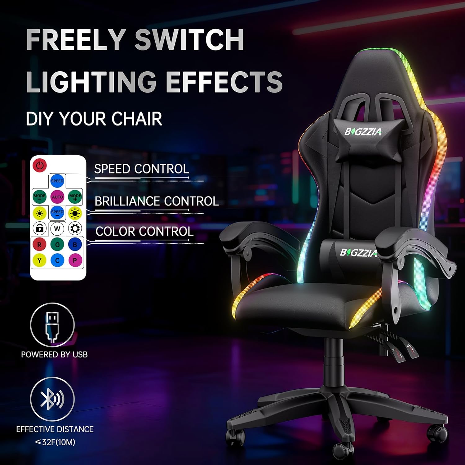 Gaming Chairs - Gaming Chair with LED Lights, Ergonomic Recliner Chair with RGB Lights, Adjustable Headrest and Lumbar Support, PU Leather Computer Office Chair, Height and Tilt Adjustable (Black) – Bild 4