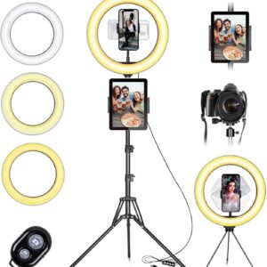 Streaming-Equipment – LED Ring Light with Tripod Mobile Phone, 10 Inch Selfie Ring Light with Remote Control and Double Mobile Phone Holder with 3 Colours and 10 Brightness Levels for YouTube TikTok Photography Live Streaming [Table Tripod Included]
