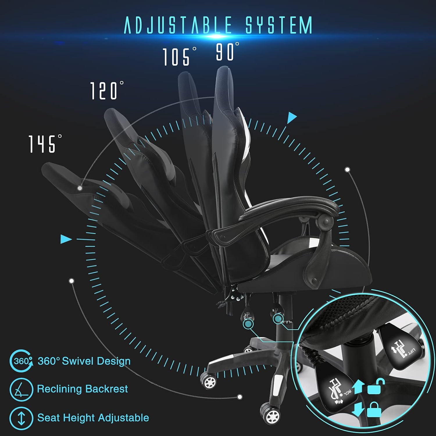 Gaming Chairs - Todeco Gaming Chair Massage with Light LED Racing Chair Gaming Chair Gamer Ergonomic Office Chair Adjustable Backrest Height Adjustable Swivel Chair with Headrest and Lumbar Cushion White – Bild 6