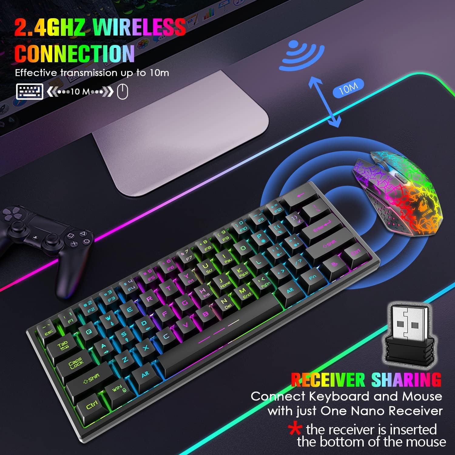 Gaming Tastatur & Maus - 2.4GHz Keyboard Mouse Gaming Set Wireless Illuminated 61 Keys Rainbow 3800 mAh Rechargeable Mechanical Feel Keyboard, 2400 DPI Rainbow Light LED 6 Buttons Mouse, Compatible PC Black – Bild 2