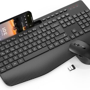 Gaming Tastatur & Maus – Keyboard Mouse Set Wireless, Ergonomic Full Size Keyboard with Wrist Rest, Phone Holder, Sleep Mode, Quiet 2.4 GHz Wireless Keyboard and Mouse for Mac, Windows, Computer, Laptop, PC
