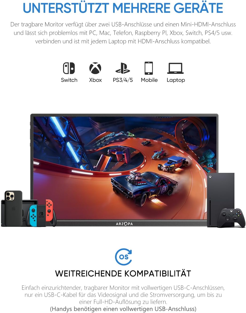 Gaming PC & Gaming Monitors - ARZOPA Portable Monitor, 14.0 Inch 1920 x 1080 FHD IPS Portable Monitor for Laptop with Single Rod, Supports HDMI/Type-C/USB-C, Eye Protection Gaming Screen for Laptop/PC/Mac/PS3/4/5/Xbox – Bild 6