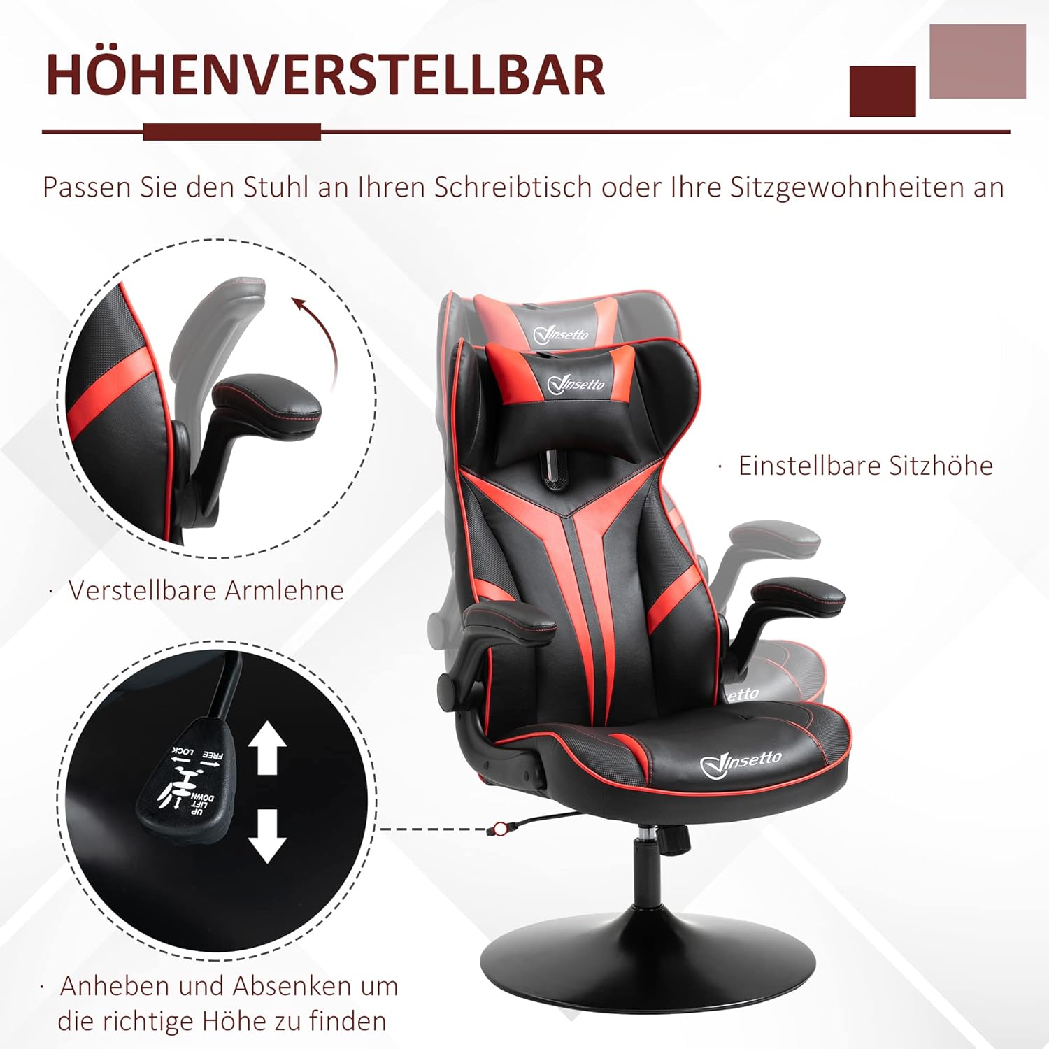 Gaming Chairs - Vinsetto Gaming Chair Ergonomic Gamer Chair with Headrest and Height-Adjustable Gaming Chair Office Chair with Rocker Function Black + Red – Bild 4