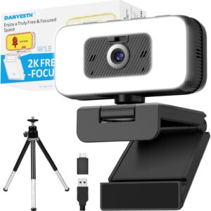 Webcam – 2K Webcam with Microphone and Cover – USB PC Camera with Light, Zoom, Flip, Privacy Cover – External Web Cam for Laptop, Desktop, Home Office & Streaming